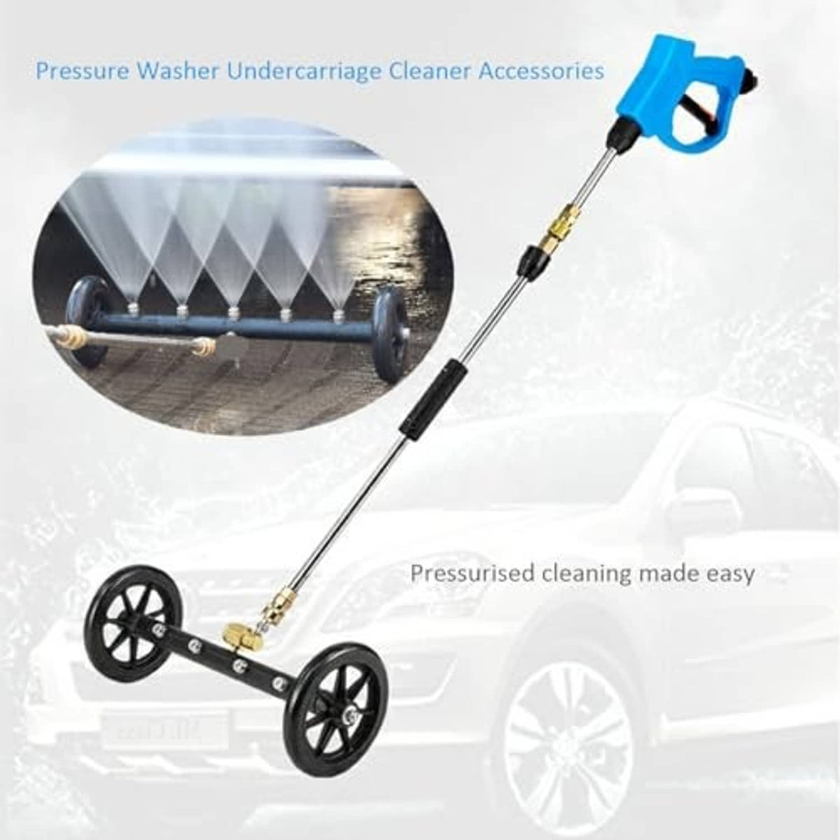 Undercarriage pressure washer cleaner accessory with wheeled bar, gold fittings, and lance wand
