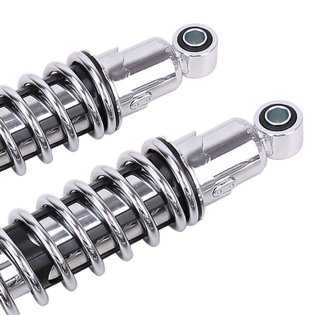 Chrome rear shock absorber pair with coil springs and spherical mounting eyes