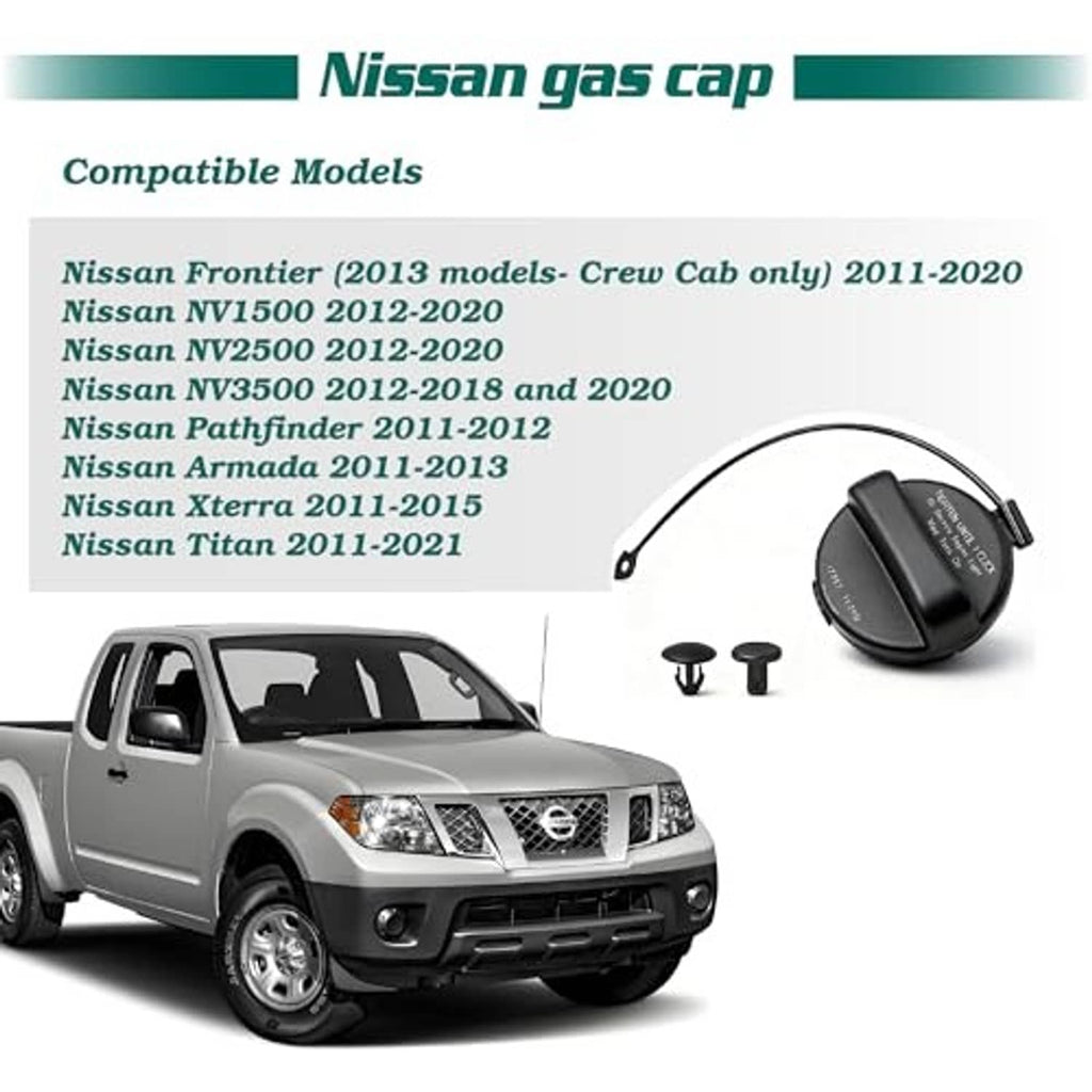Fuel tank gas cap kit with black cap, curved tether, and two clips