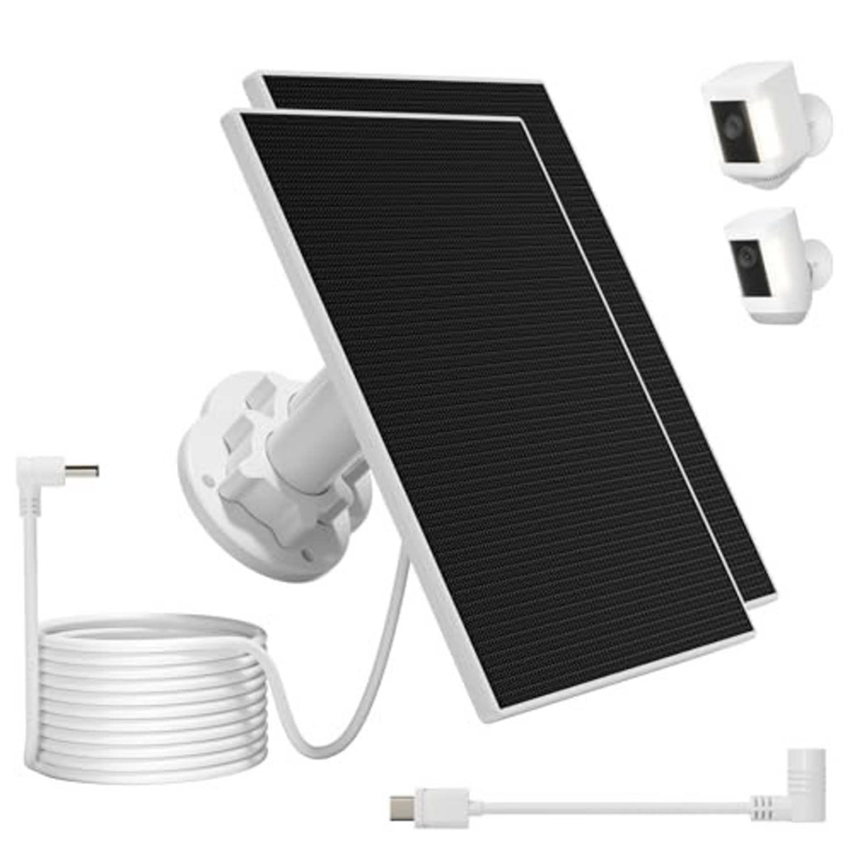 Solar panel kit with angled black solar panel, white mounts, and power cable