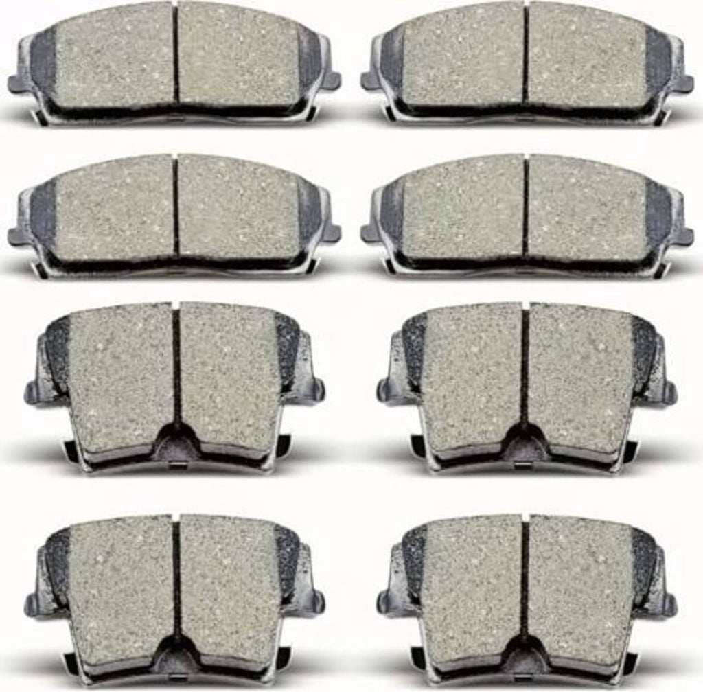 Multiple views of 8 gray ceramic brake pads with metal backing and retaining ears