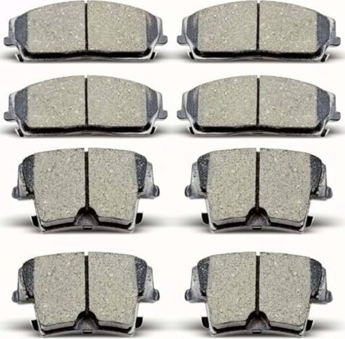 Multiple views of 8 gray ceramic brake pads with metal backing and retaining ears