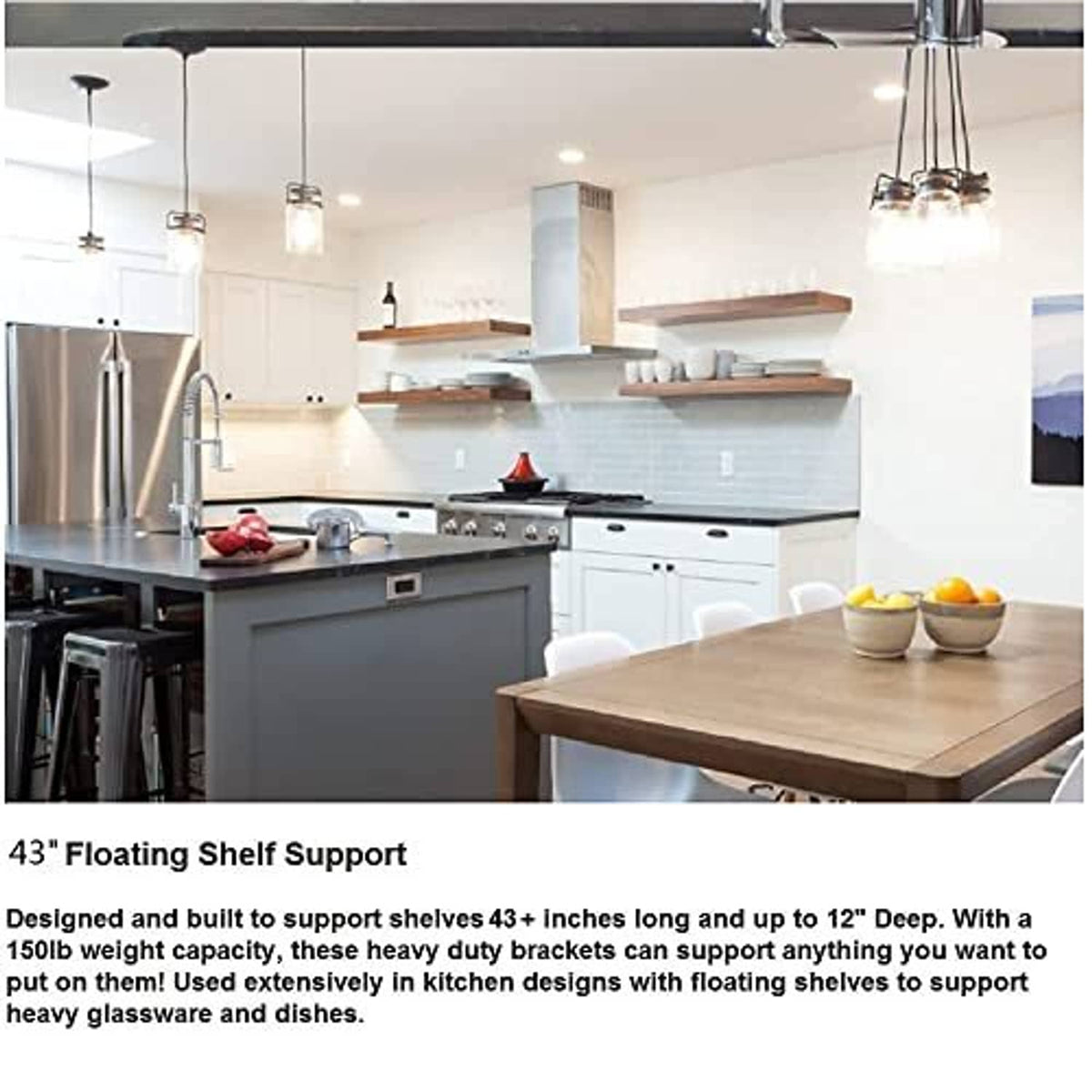 Black floating shelf supports mounted under a light wood shelf in a kitchen