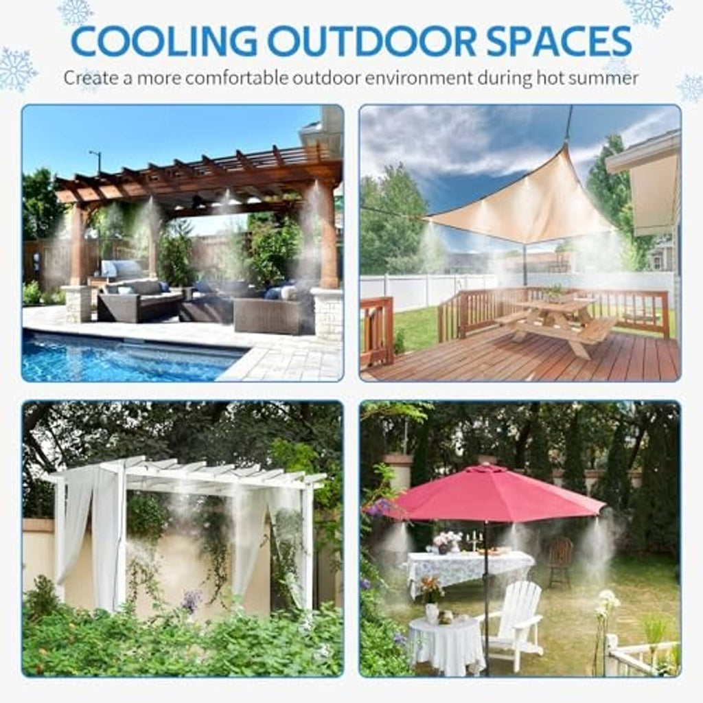 Outdoor misting system with multiple nozzles spraying for patio cooling