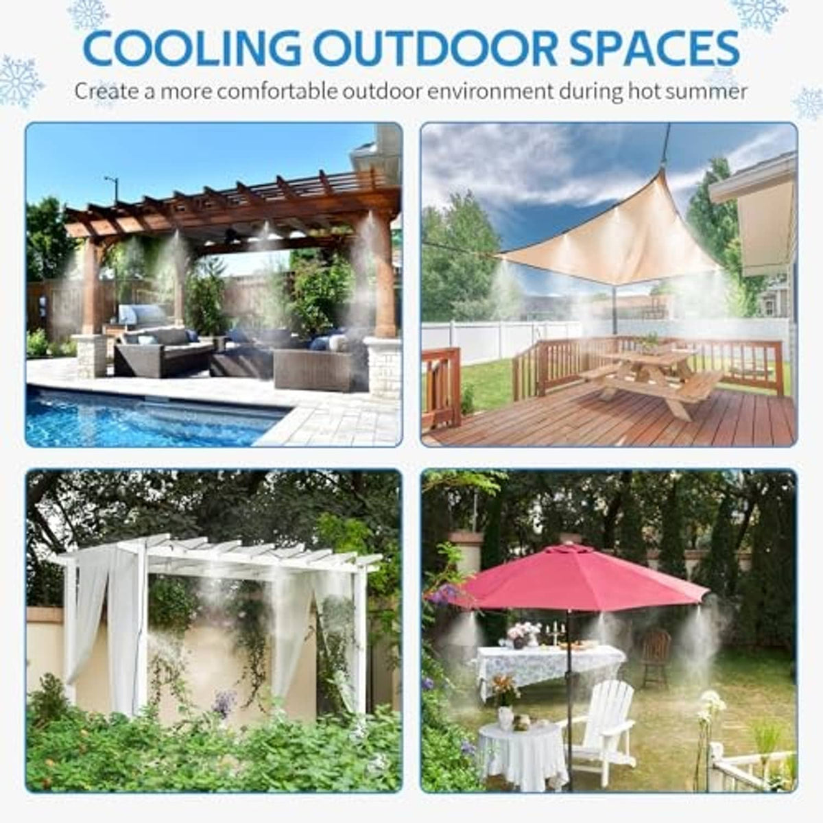 Outdoor misting system with multiple nozzles spraying for patio cooling