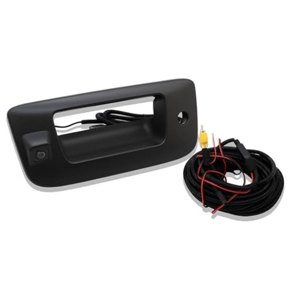Black tailgate handle backup camera with connected wiring harness and adapters