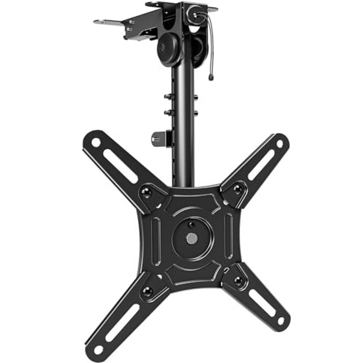 Black flip-down ceiling TV mount with vertical pole and four mounting arms