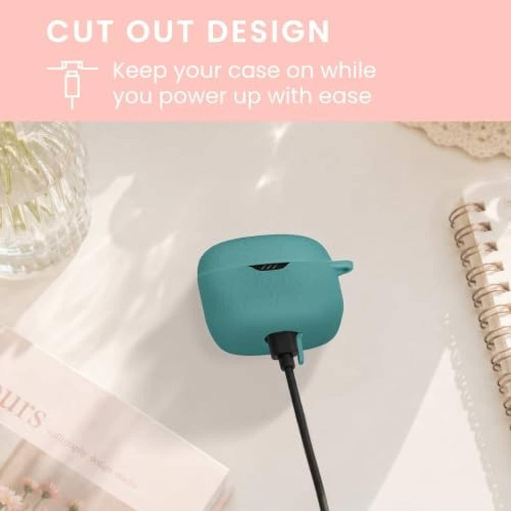 Teal silicone earbud case cover with embossed pattern and cutout port
