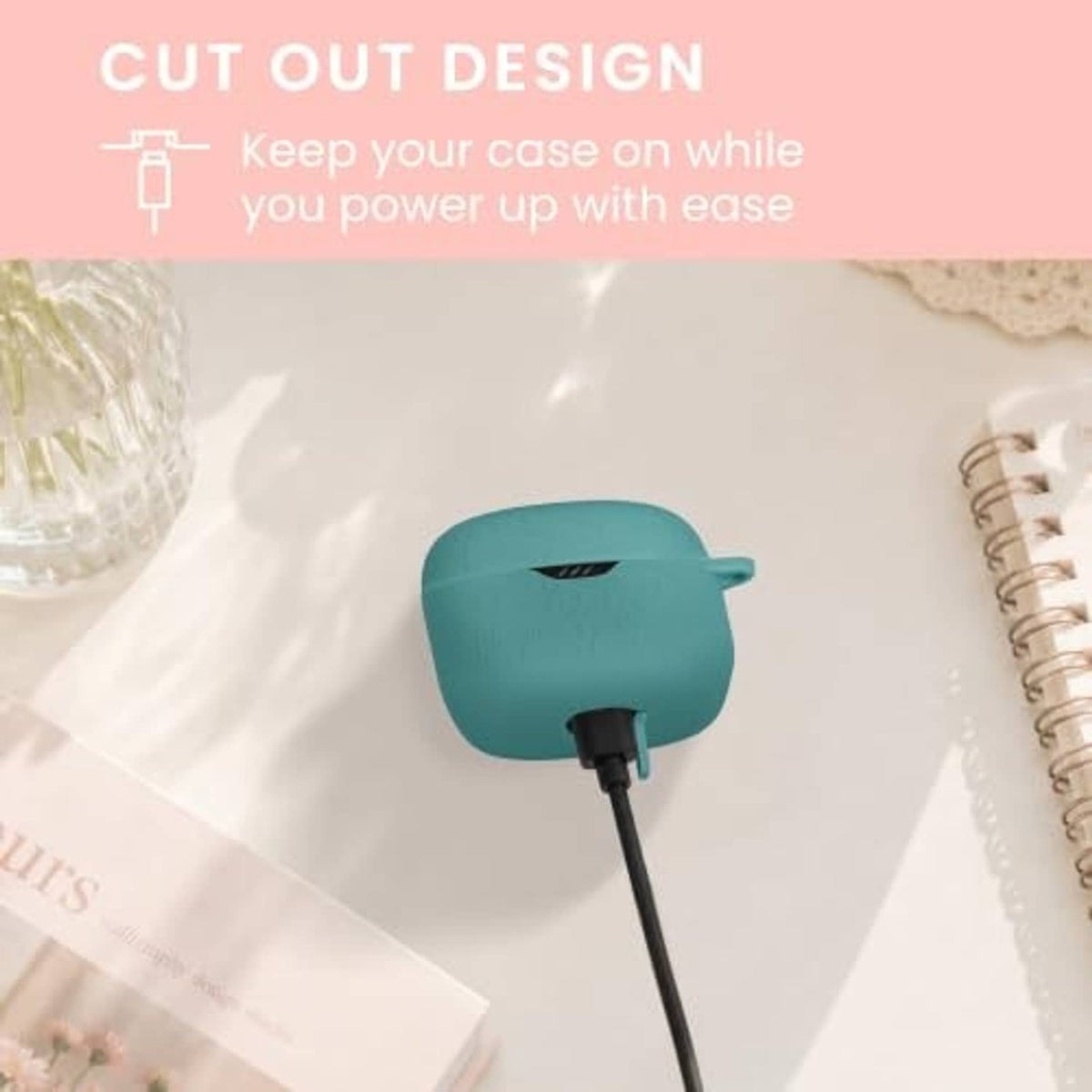 Teal silicone earbud case cover with embossed pattern and cutout port