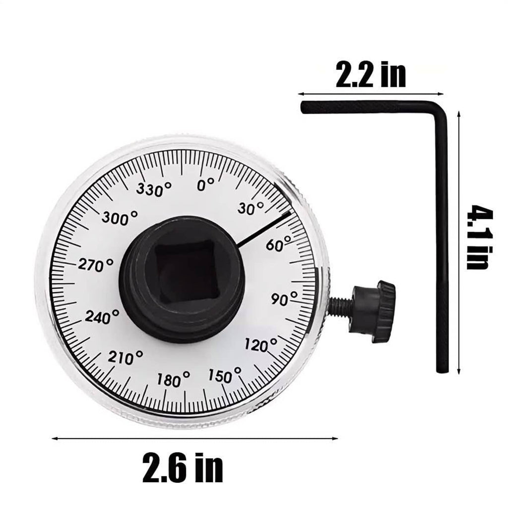 Torque angle gauge showing 360-degree dial with black wrench-style side arm