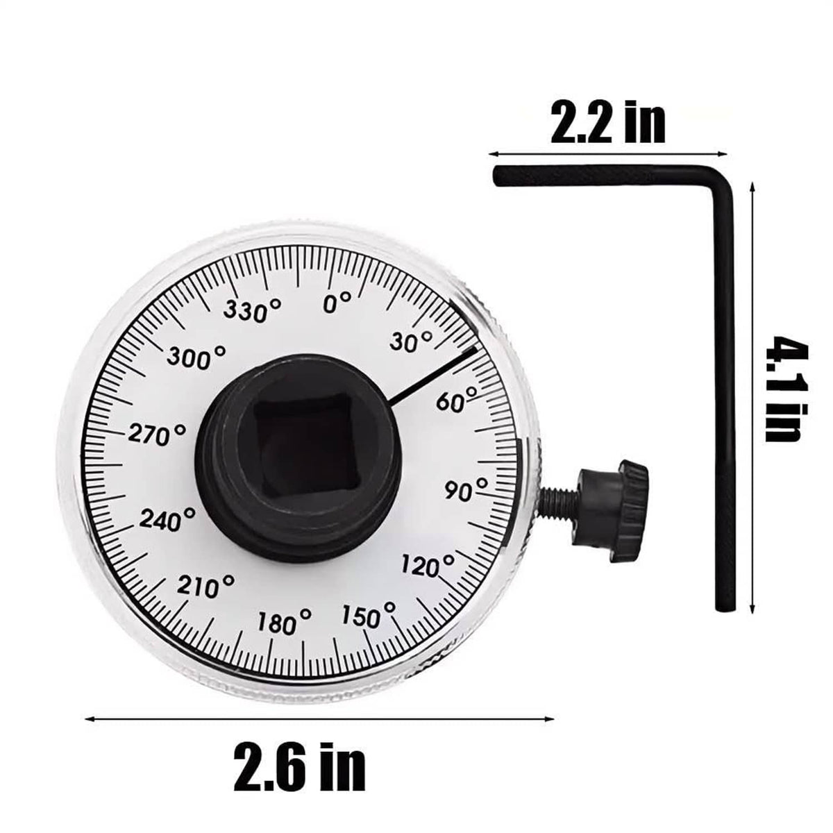 Torque angle gauge showing 360-degree dial with black wrench-style side arm