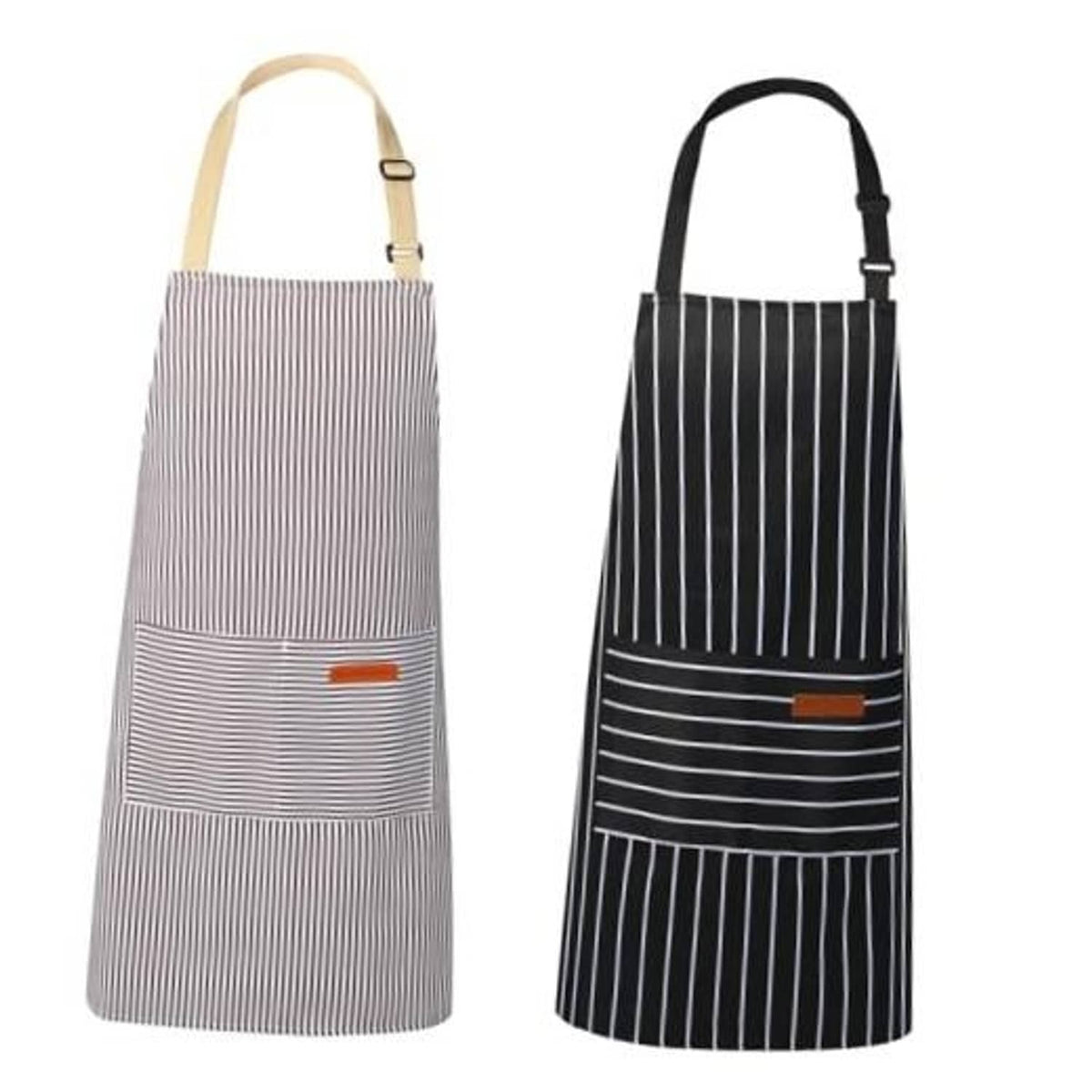 2-pack kitchen aprons with striped fabric, adjustable neck straps, and front pockets