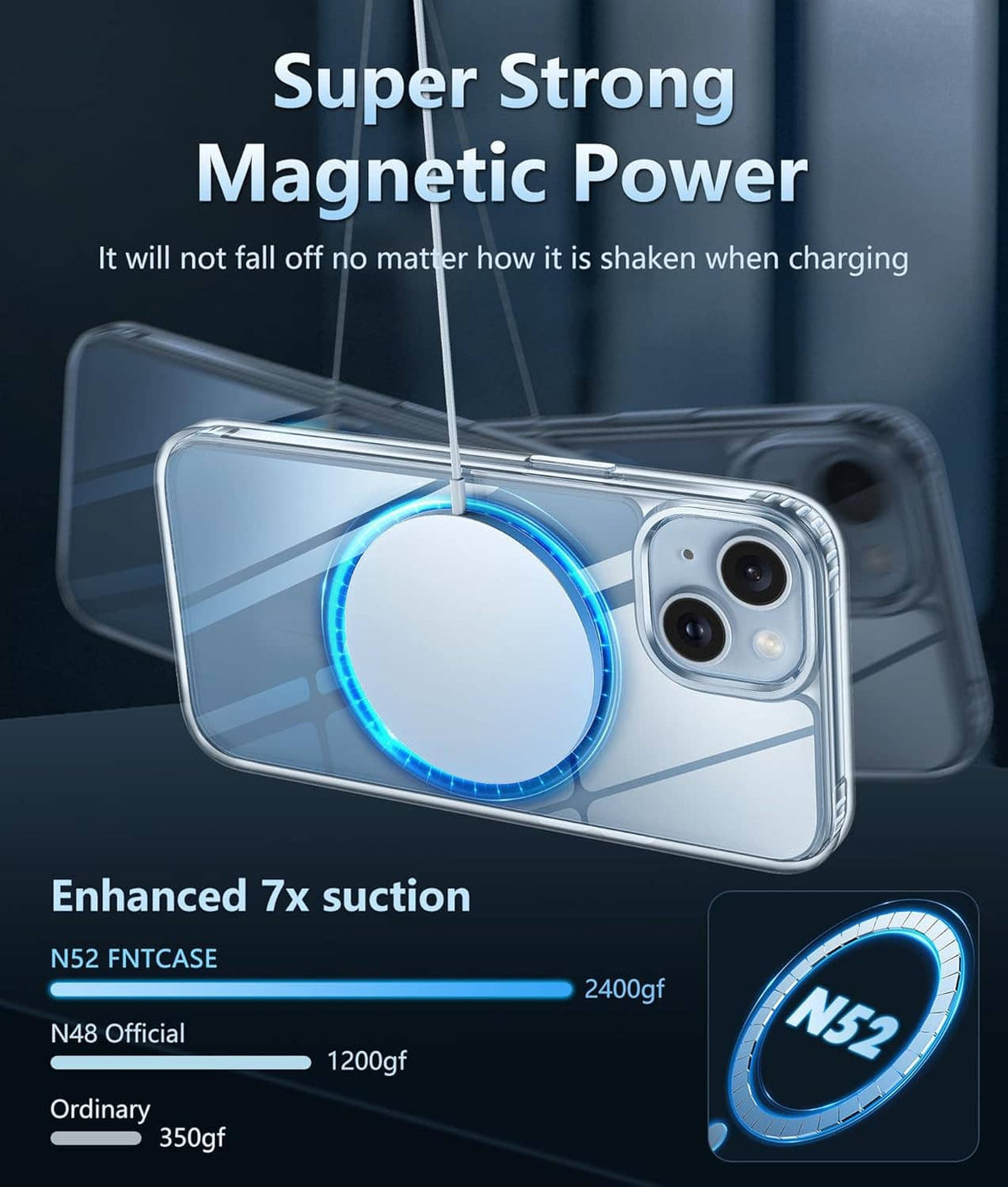 Clear magnetic iPhone 15 Plus case with circular MagSafe-style ring on back