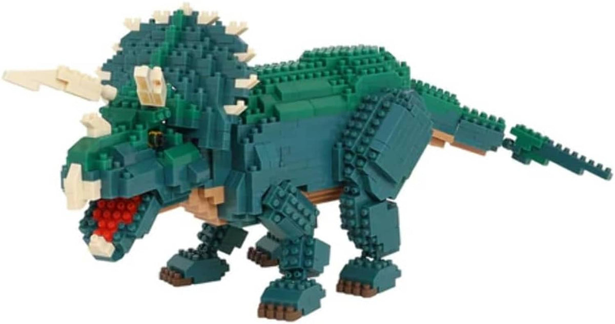 Triceratops dinosaur block model with green body, beige horns, red belly detail
