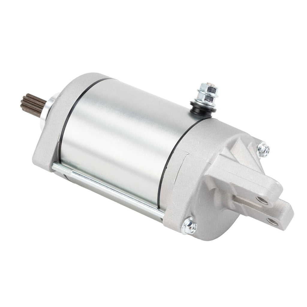 Starter motor angled side view with silver housing, black band, and top terminal