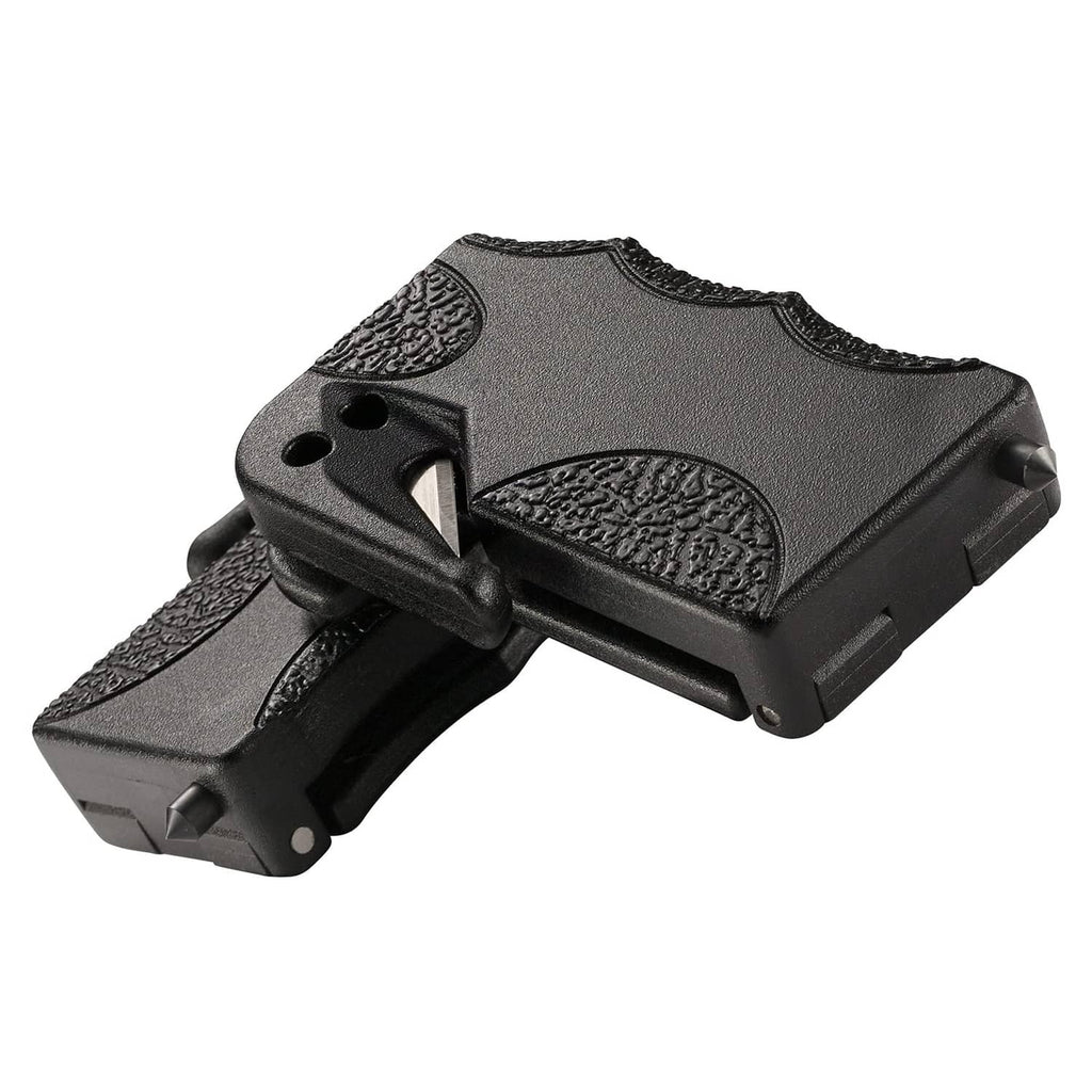 Black window breaker tip with blade edge on compact emergency tool