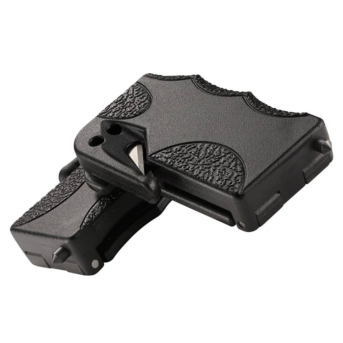 Black window breaker tip with blade edge on compact emergency tool