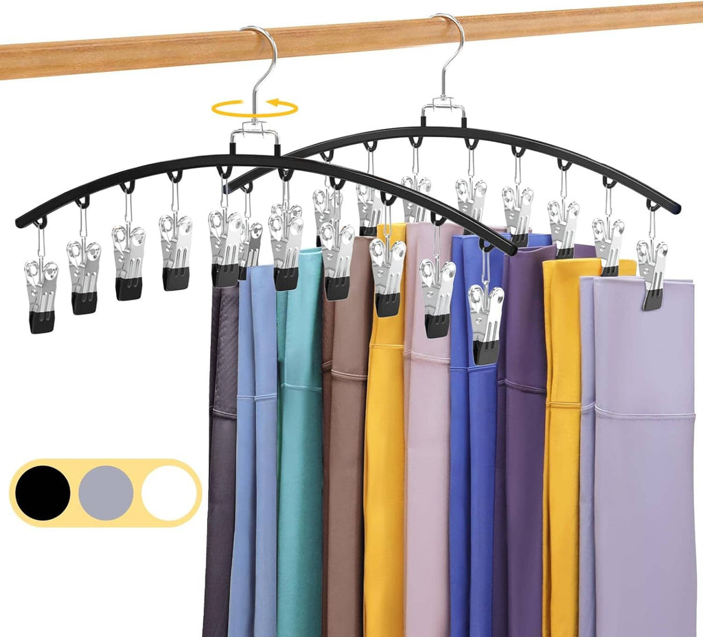 2-pack legging organizer with black curved rack holding colorful leggings with clips