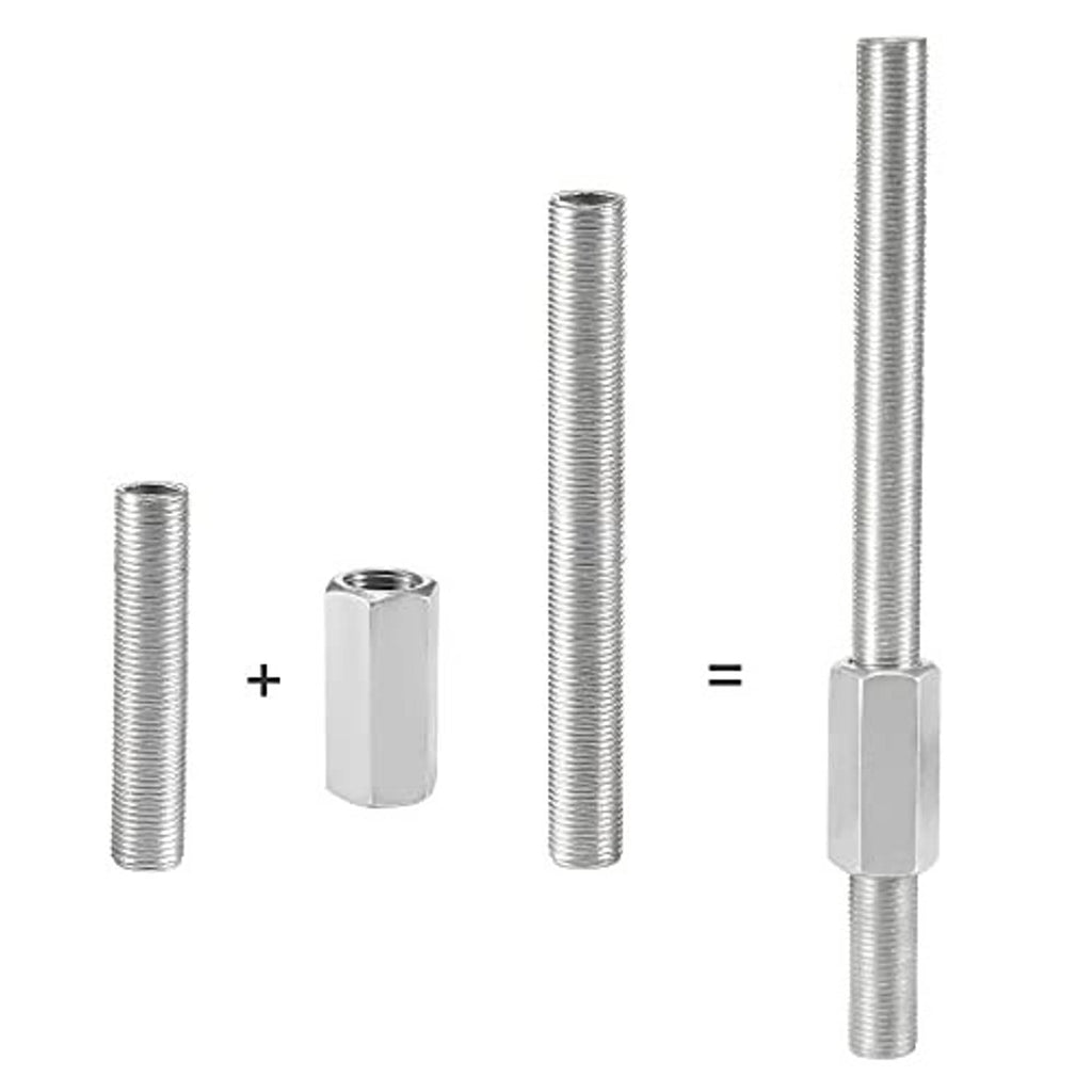 Hex coupling nut joins threaded studs; M10x1 fine thread, short hex sleeve
