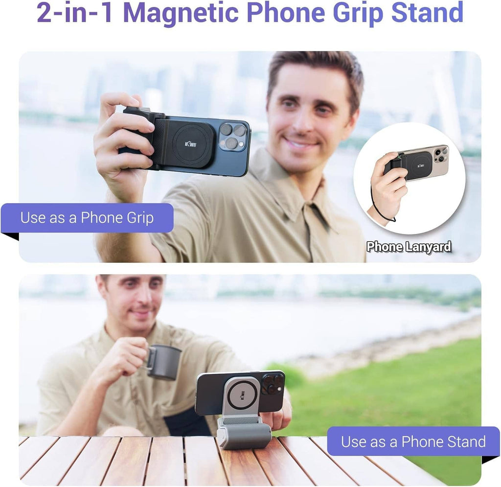Gray magnetic phone grip stand with lanyard, attached to smartphone for holding