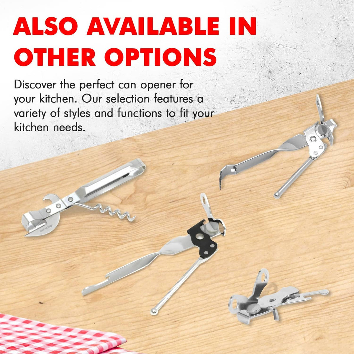 Chef Craft Select 3-in-1 stainless steel can opener on a wooden board