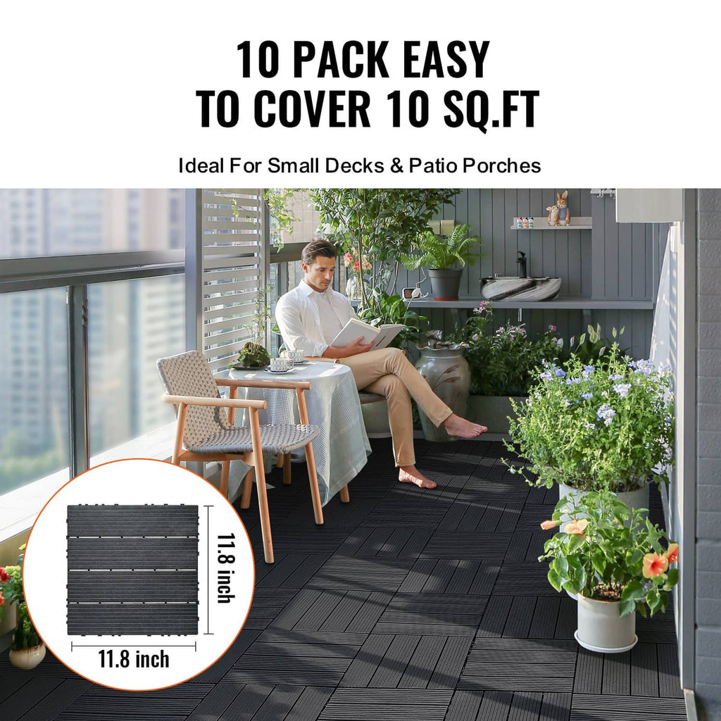 Dark grey interlocking deck tiles on patio decking, ribbed surface and snap edges