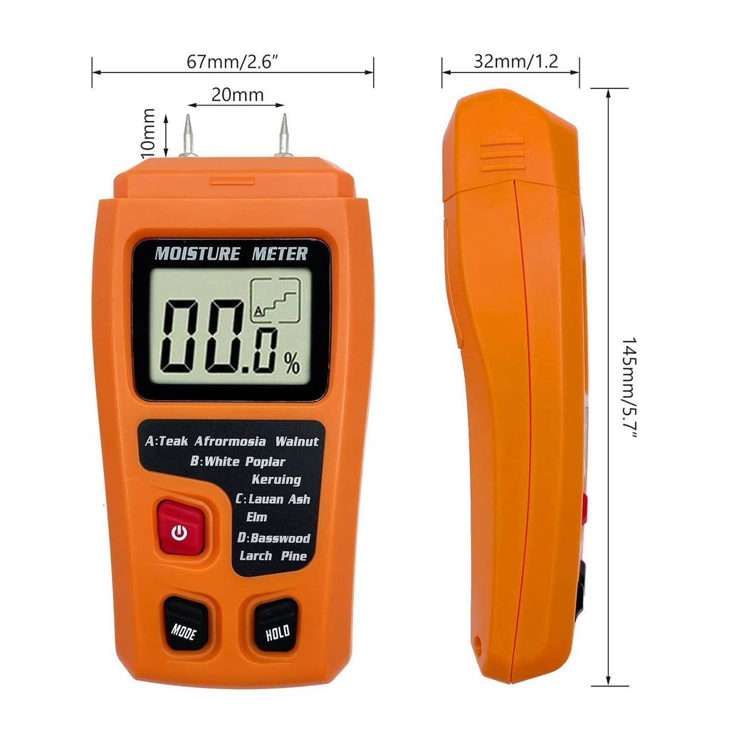 Orange digital moisture meter with size dimensions and dual probe pins