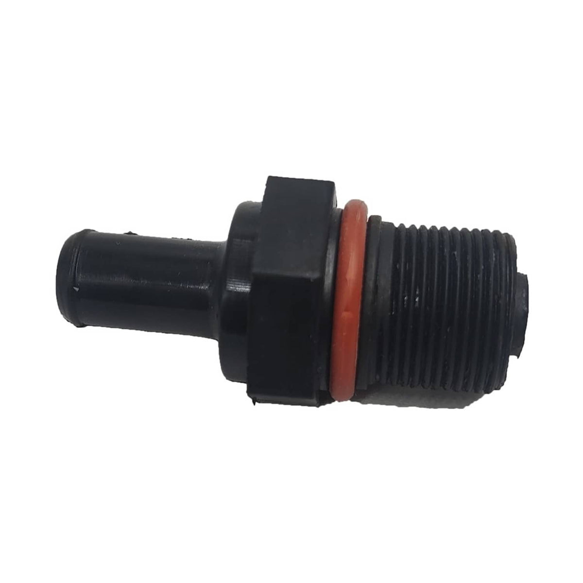 PCV valve with black rubber hose end and threaded metal connector, orange seal ring