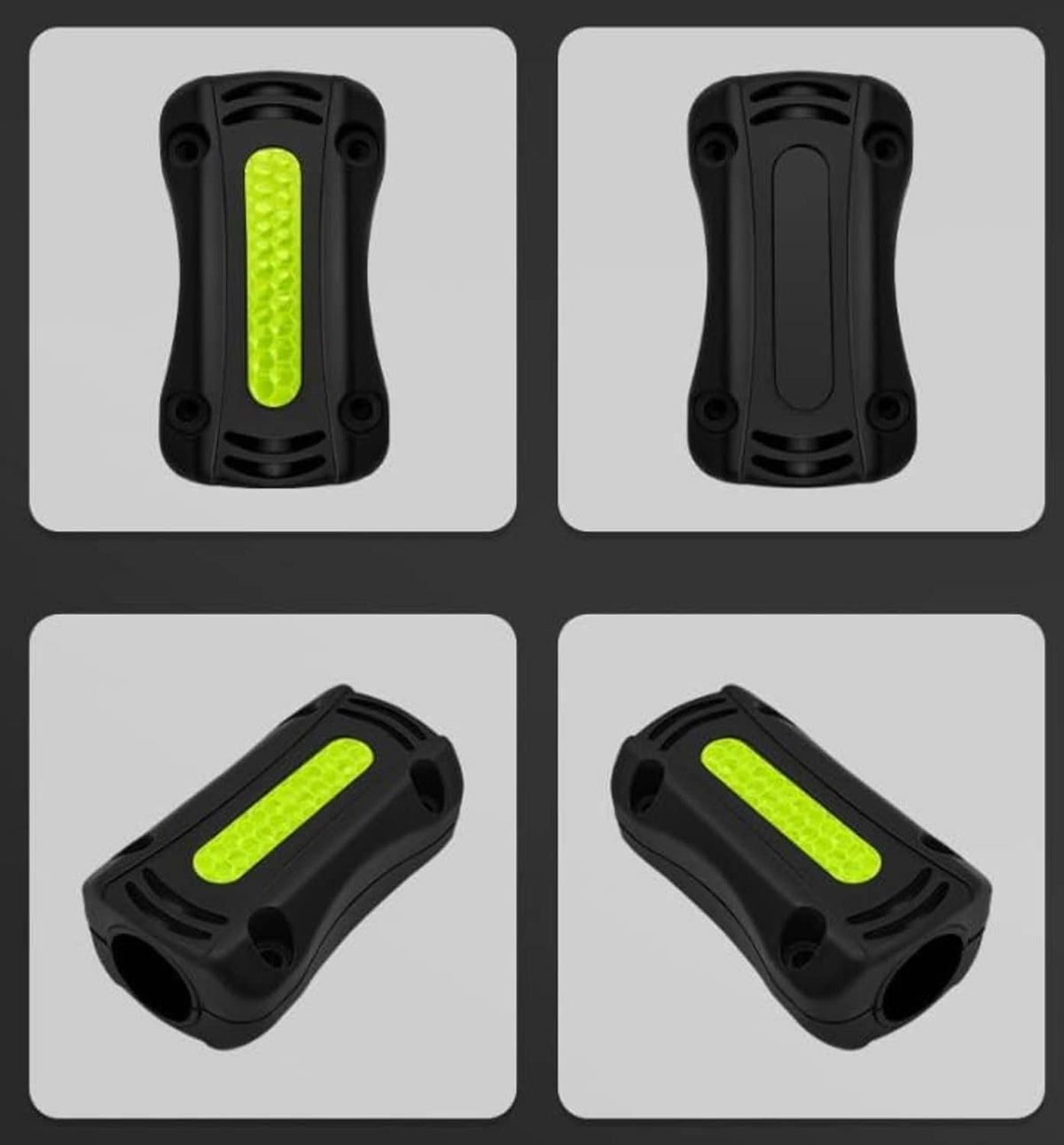 Black bumper blocks with neon green reflective strip, front and side angles
