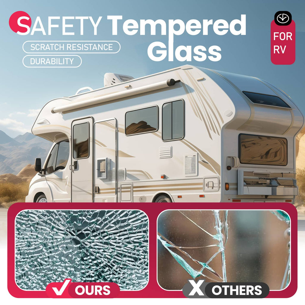 RV tempered safety exit window with dark tinted glass and black frame