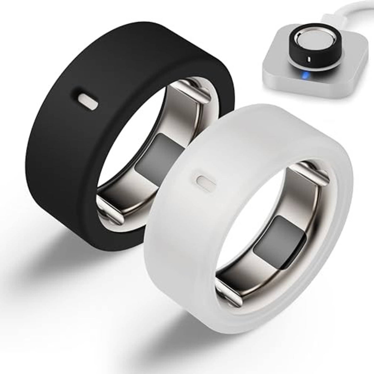 White smart ring protector case with clear cover, open cradle for ring insertion