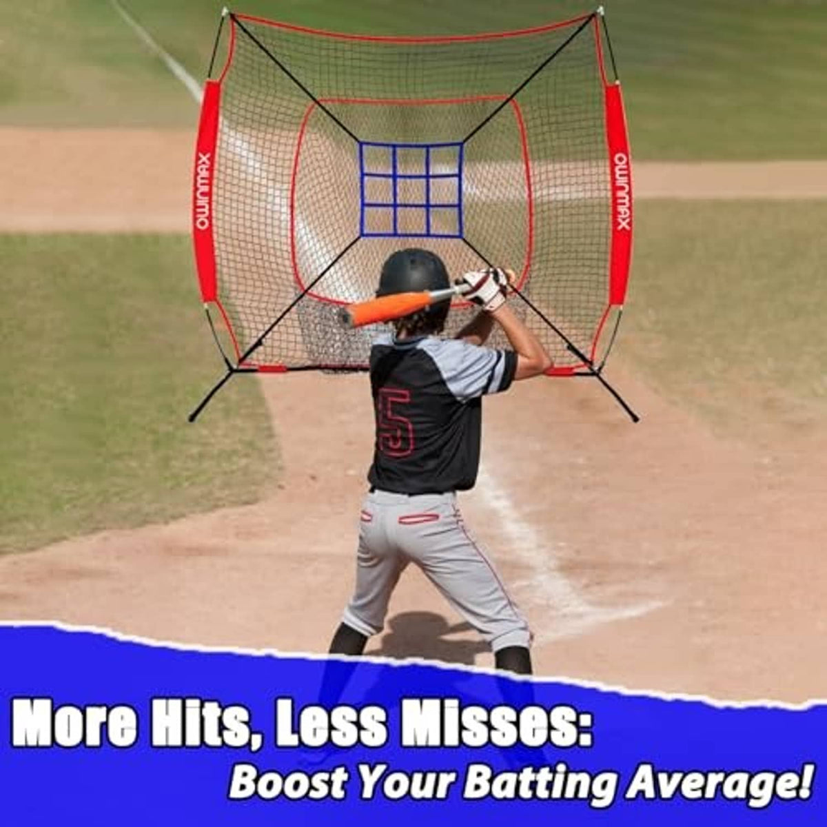 Baseball practice net with red frame and white mesh, blue target window for batting drills
