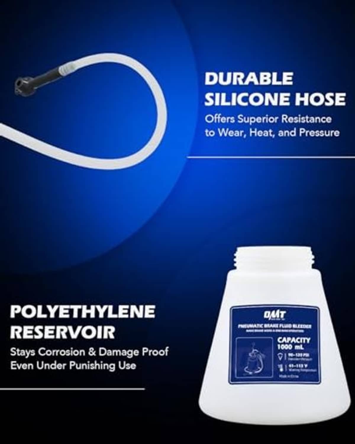 Brake bleeder kit with durable silicone hose loop and white polyethylene reservoir bottle