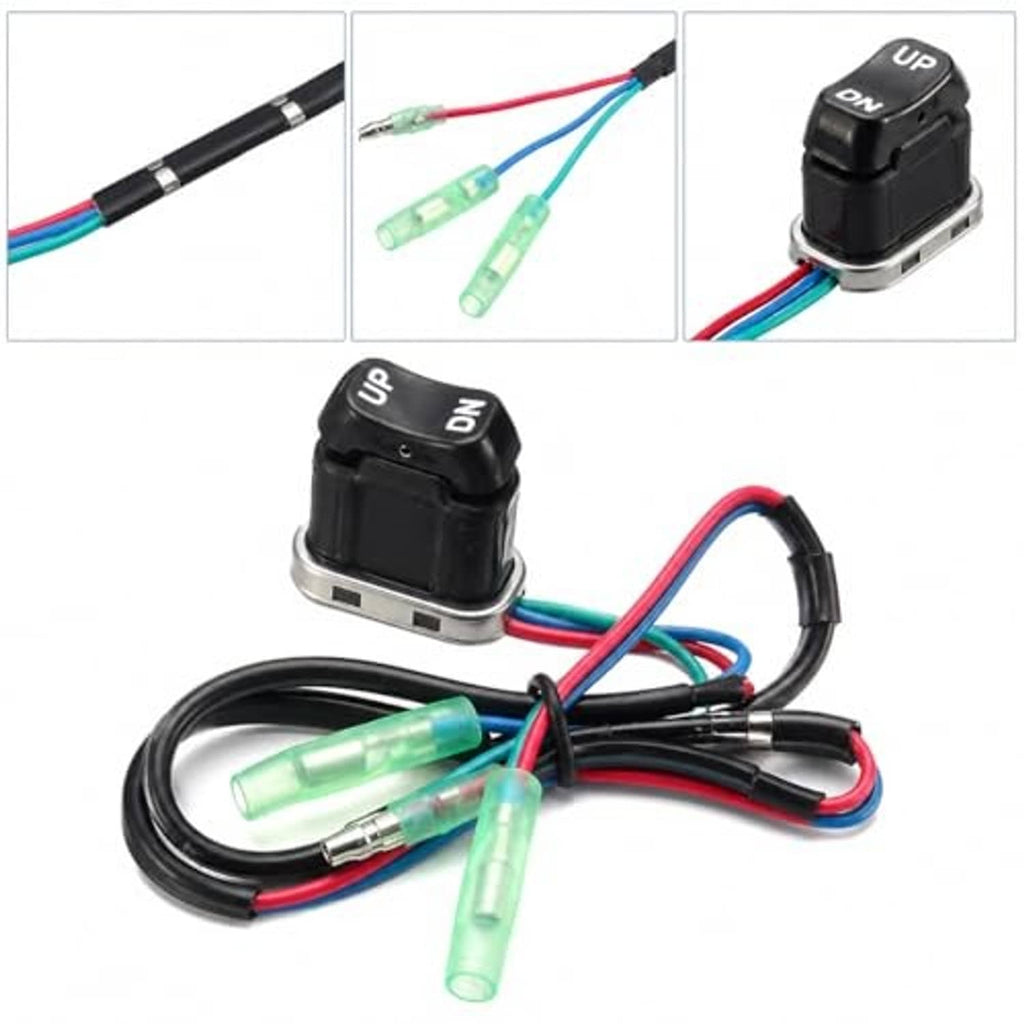 Outboard trim tilt switch with black UP/DN top and attached wiring with green terminals