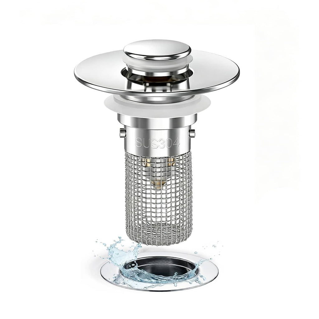 Pop-up bathroom sink drain strainer with chrome cap and mesh hair basket
