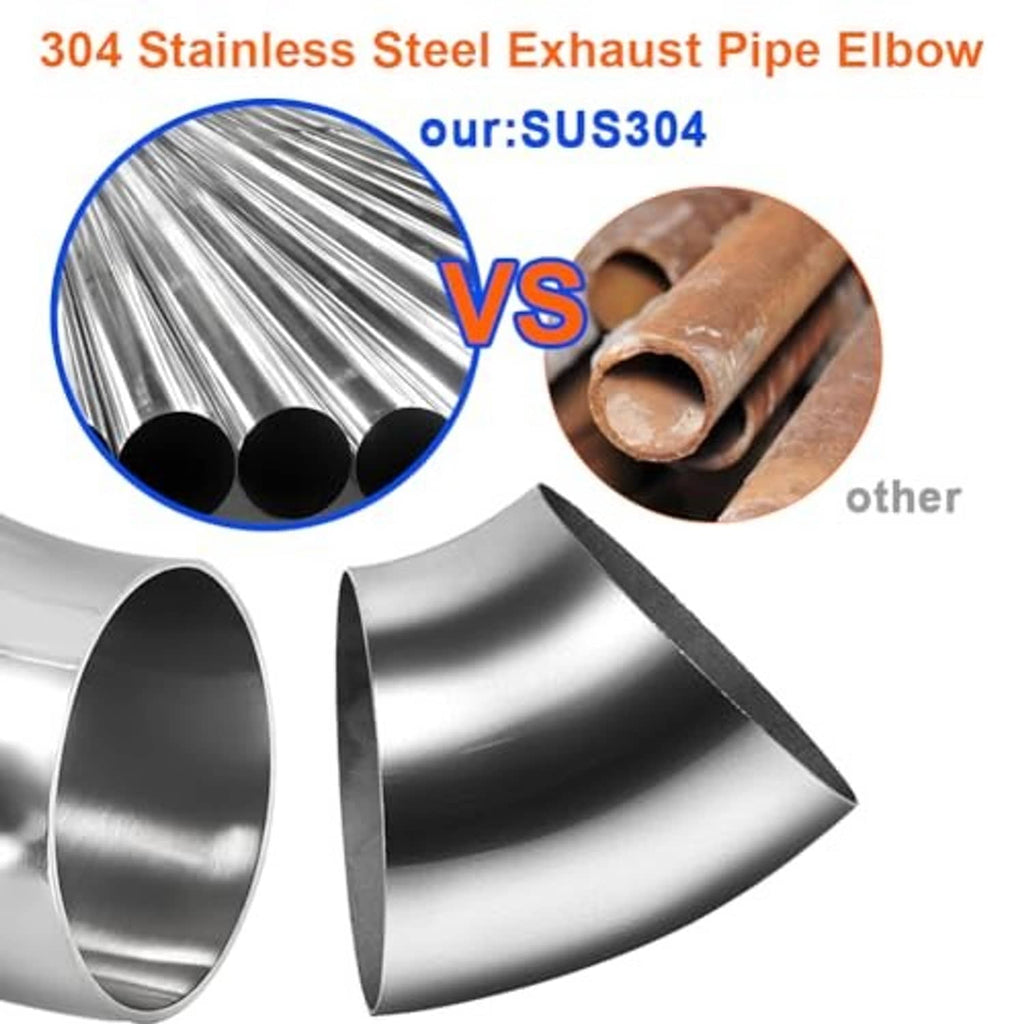 Stainless steel 45-degree exhaust elbow with welded-looking seam and curved profile