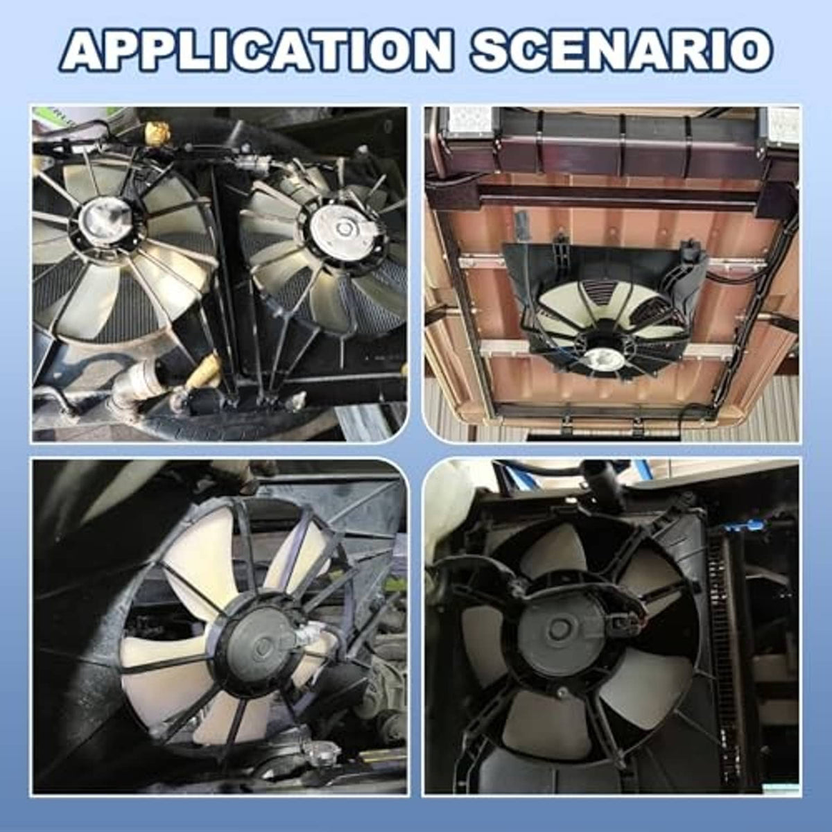 Engine radiator cooling fan assembly shown in engine bay with fan blades and wiring