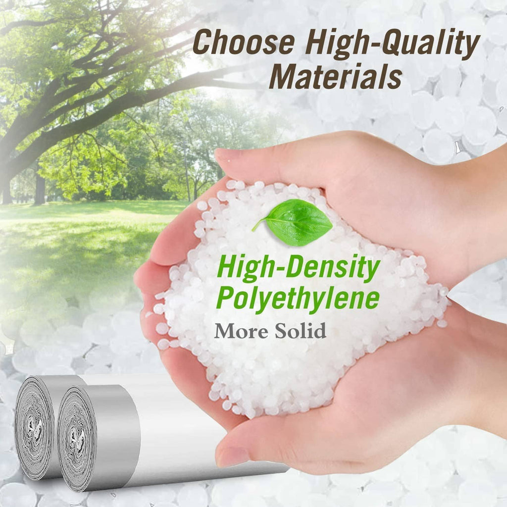 High-density white trash bag roll held in hands with compact plastic beads