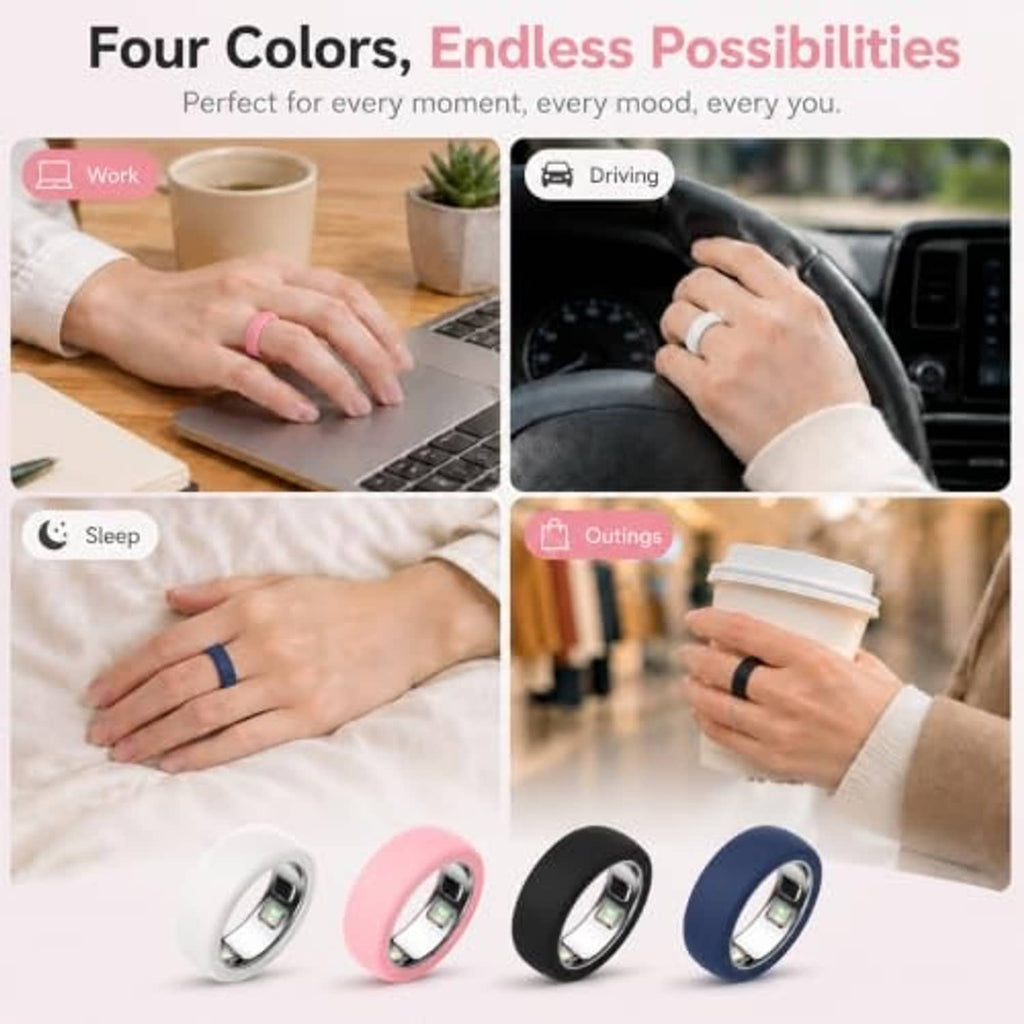 Four-color silicone smart ring protectors shown with different everyday uses