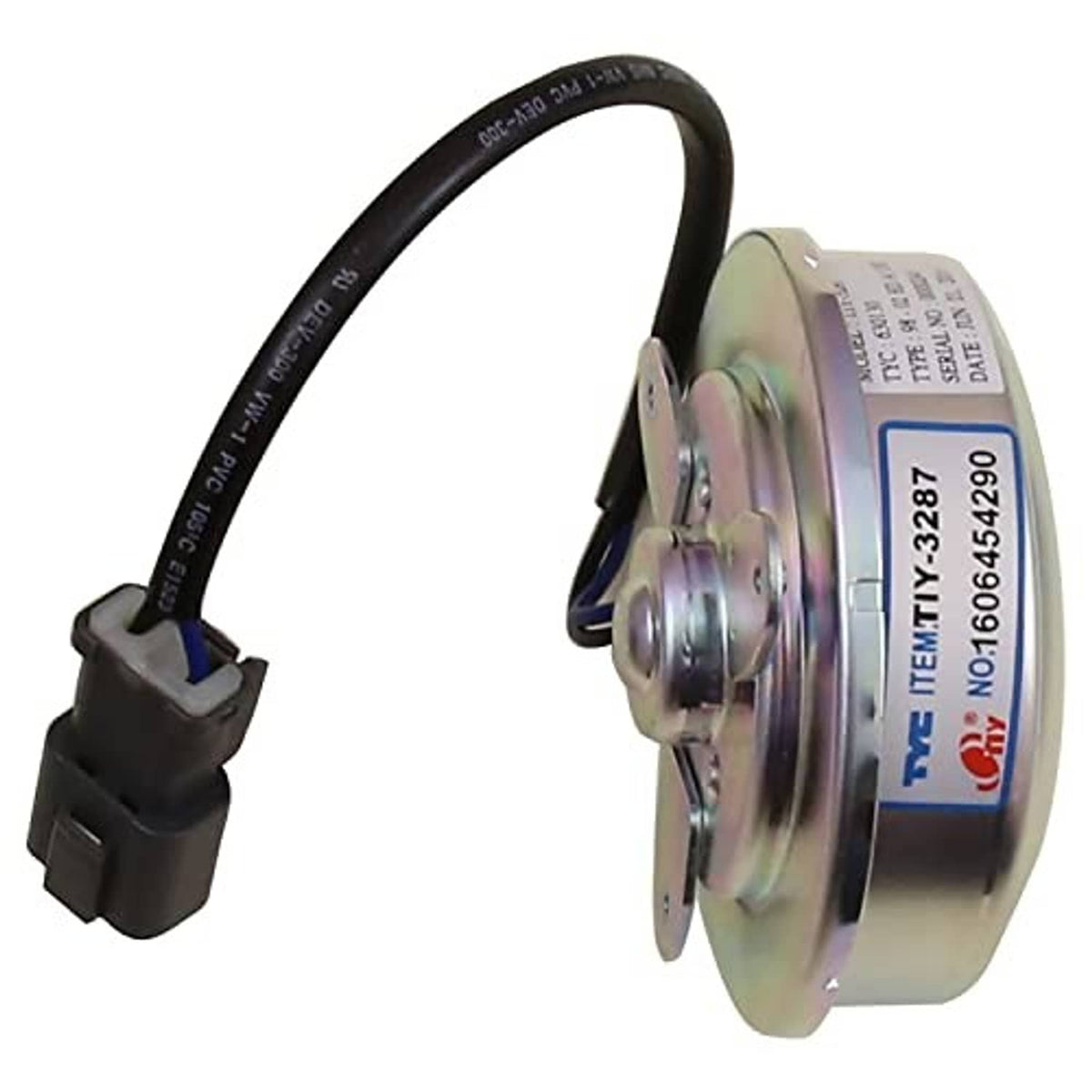 Replacement cooling fan motor with side housing, label, and multi-pin electrical connector