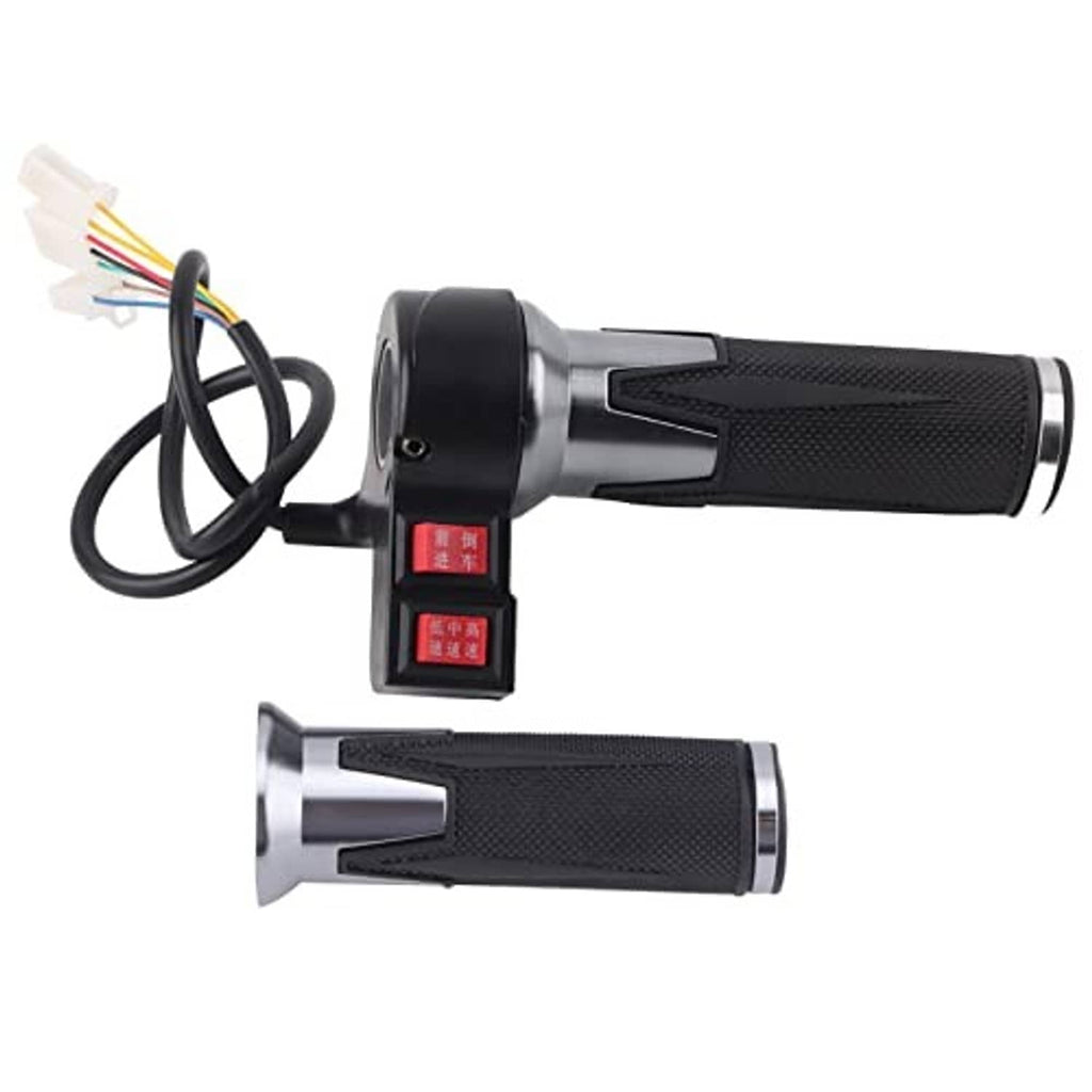 Electric throttle grip set with black textured grips and silver end caps, wiring included