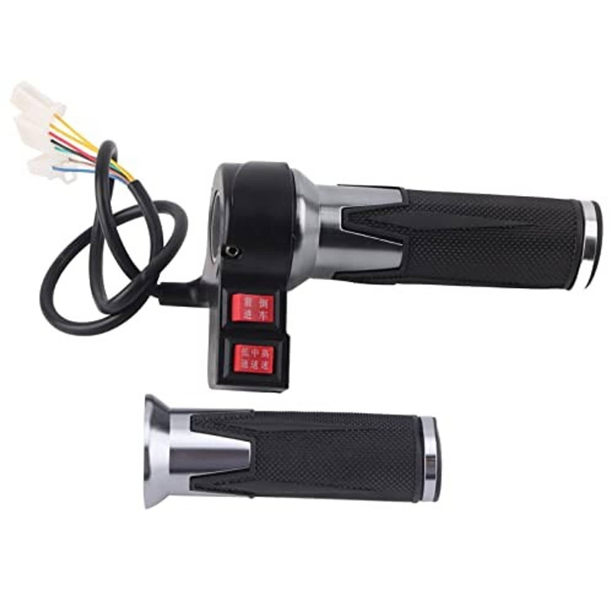 Electric throttle grip set with black textured grips and silver end caps, wiring included