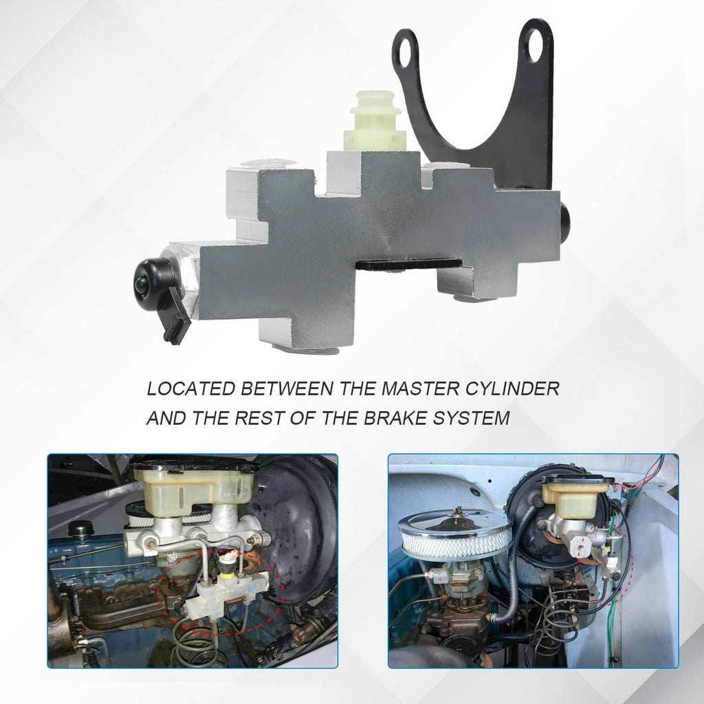 Brake proportioning valve centered with black bracket, silver body, and pale green connector