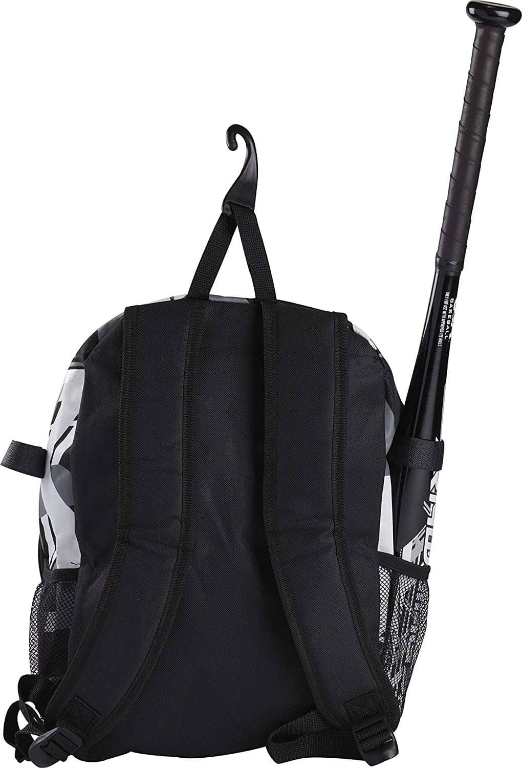 Baseball equipment backpack back view with black straps, padded panel, and black-and-white print.