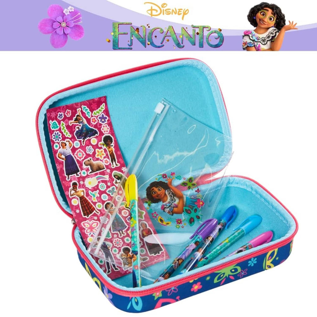 Open zip pencil case with sticker sheet and colored gel pens inside