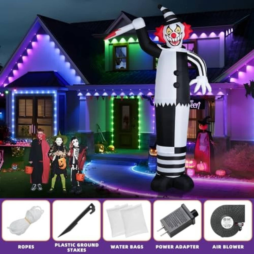 12ft inflatable clown with LED lights, plus included ropes, stakes, water bags, and air blower