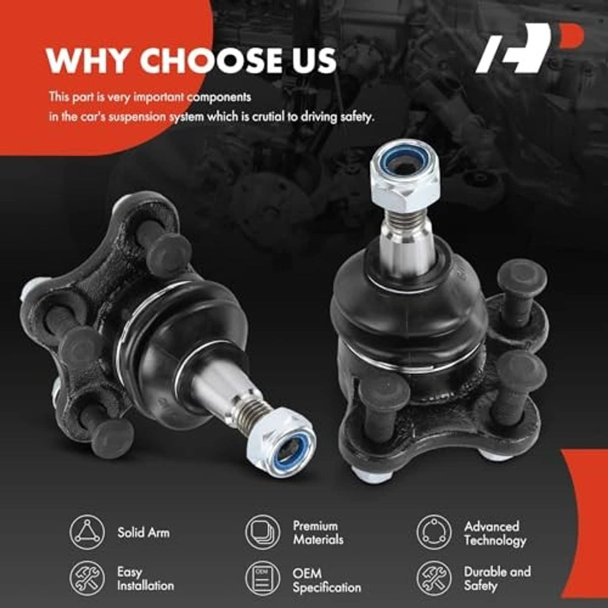Front upper ball joint pair, one joint close-up and one joint full view
