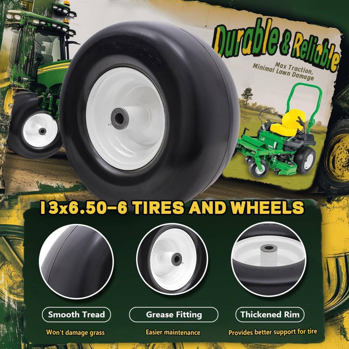 Solid black tire with white rim and hub, smooth rubber tread