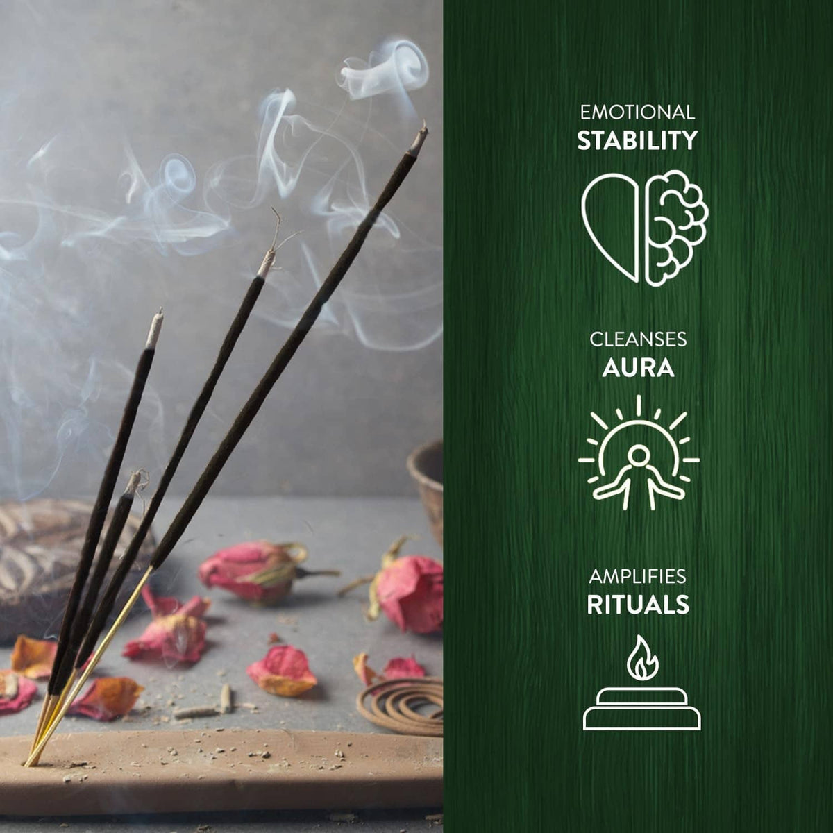 Burning incense sticks with light smoke, dark sticks with yellow tips