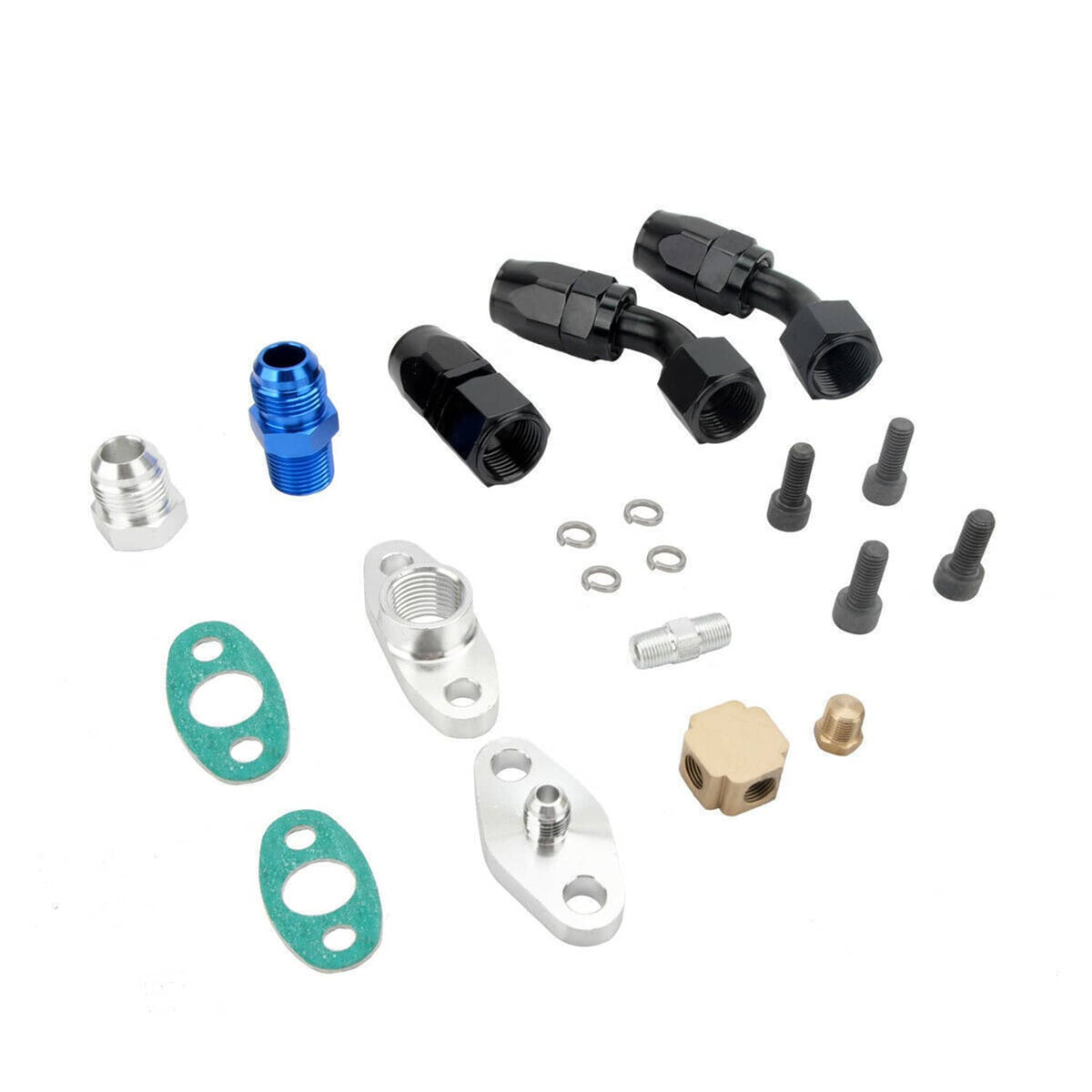 Oil feed line hardware set with blue and silver fittings, black caps, and teal gaskets
